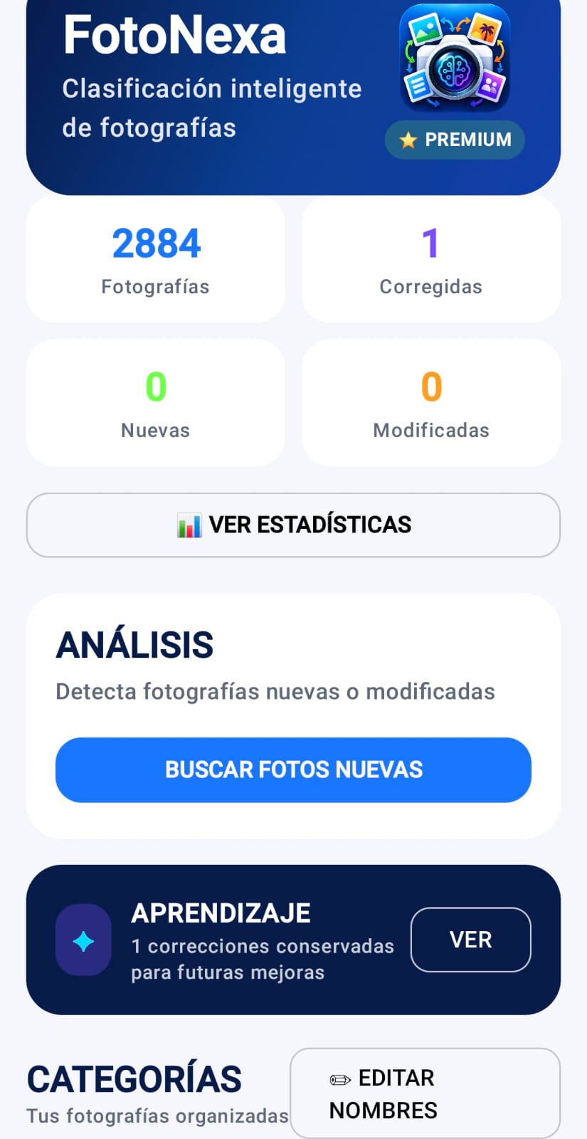 Pantalla principal de FotoNexa con resumen de fotos, análisis y aprendizaje.